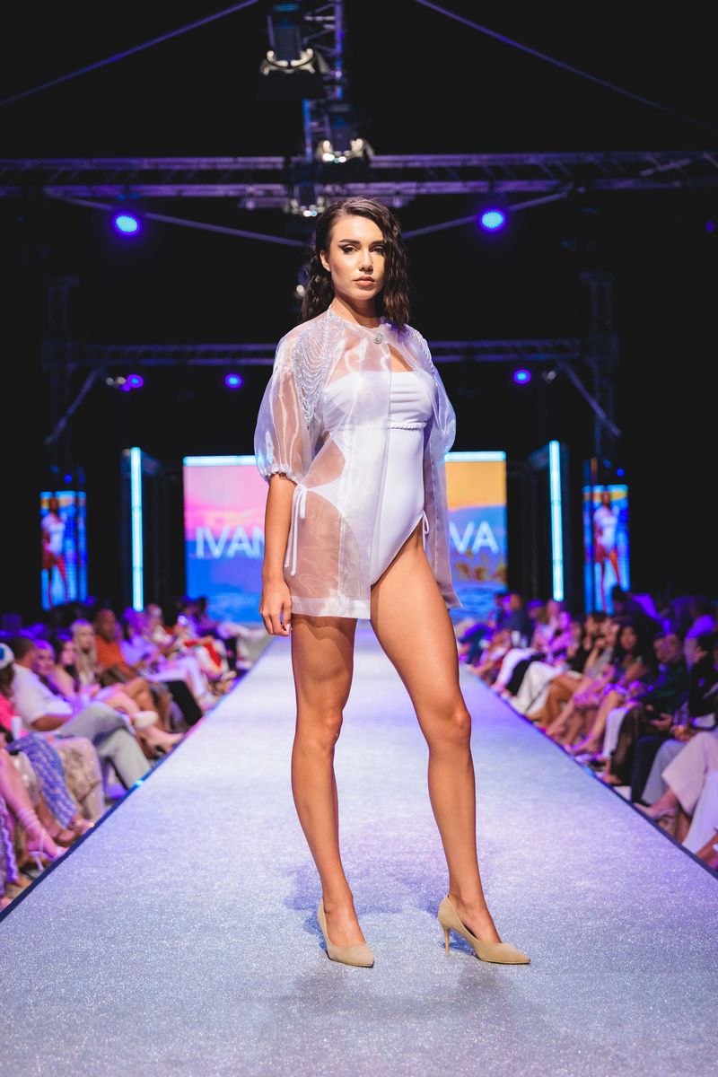 White swimsuit with sheer organza jacket from the Summer 2026 collection
